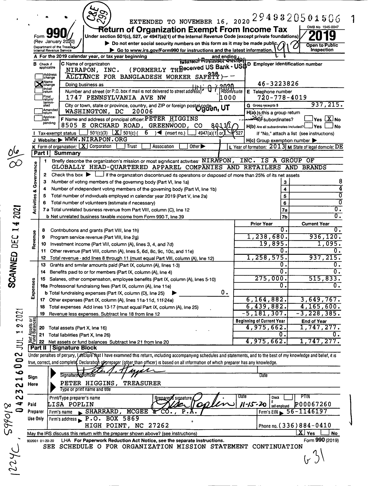 Image of first page of 2019 Form 990O for Nirapon