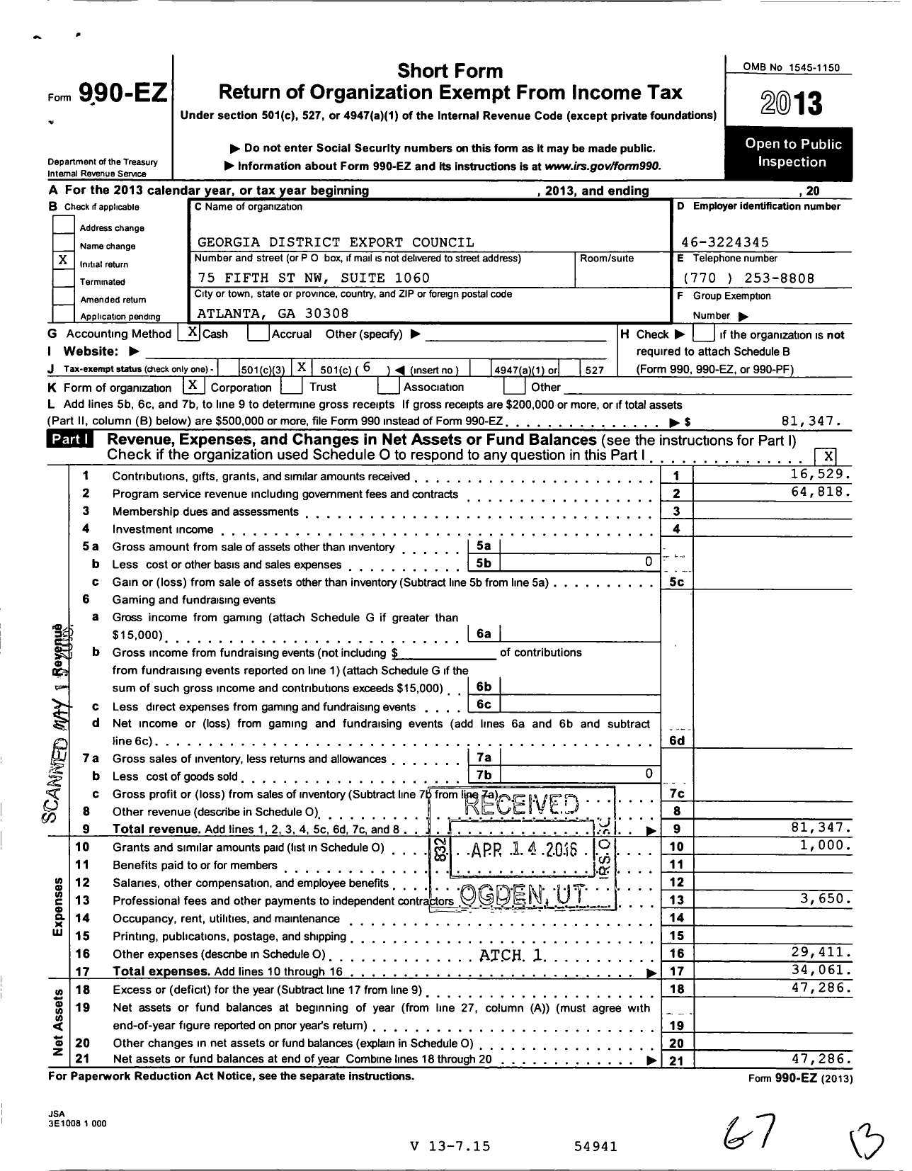 Image of first page of 2013 Form 990EO for Georgia District Export Council