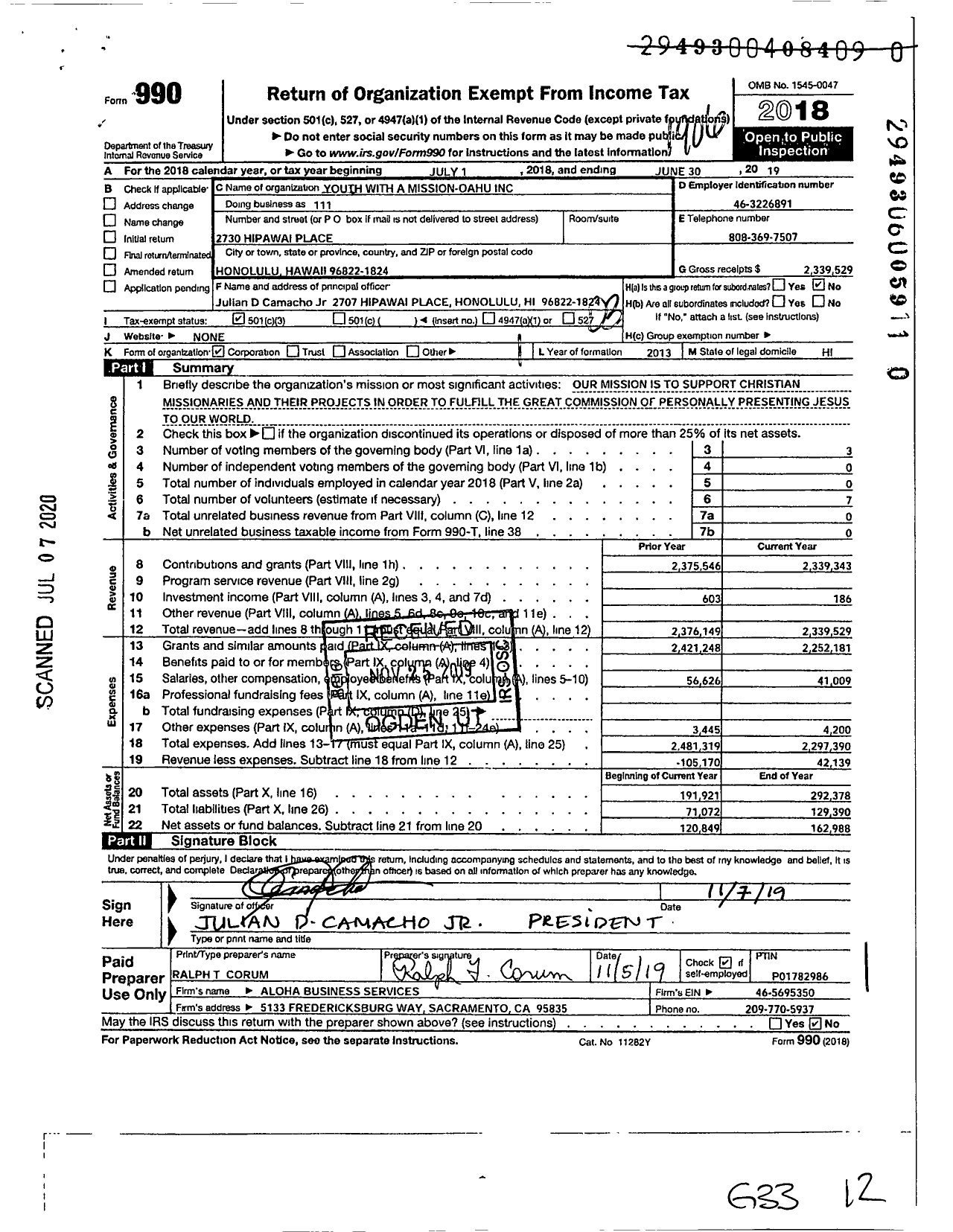 Image of first page of 2018 Form 990 for Youth With A Mission - Oahu