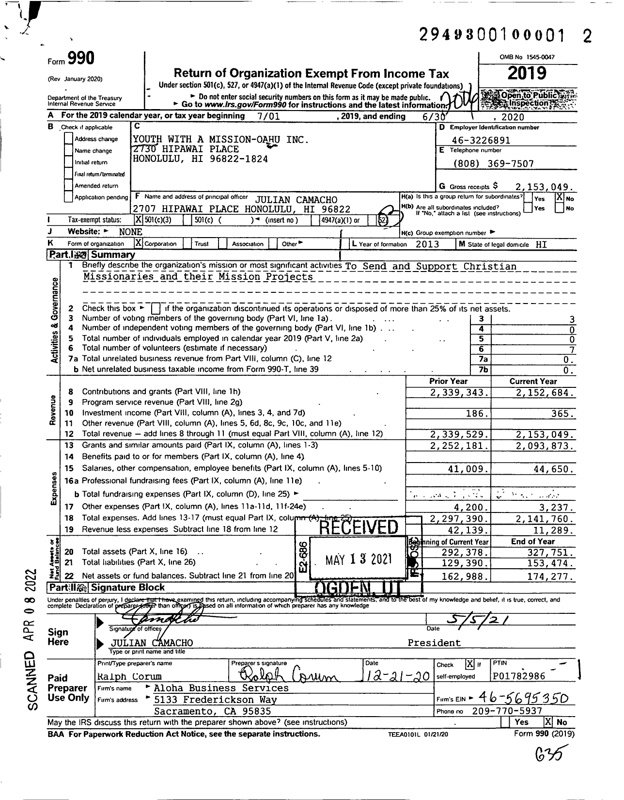 Image of first page of 2019 Form 990 for Youth With A Mission - Oahu