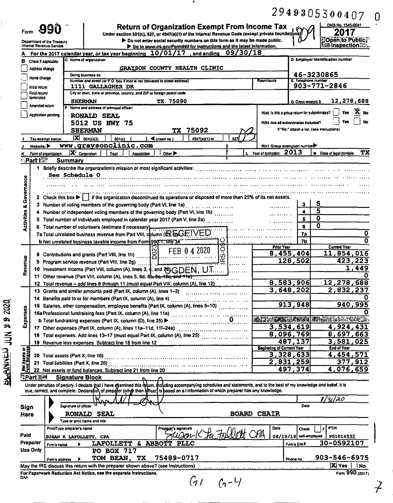 Image of first page of 2017 Form 990 for Grayson County Health Clinic