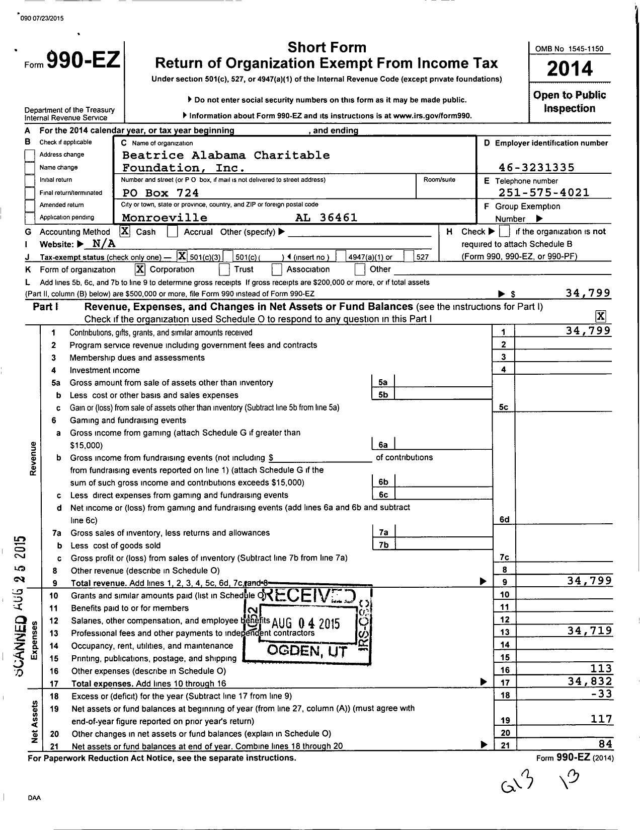 Image of first page of 2014 Form 990EZ for Beatrice Alabama Charitable Foundation