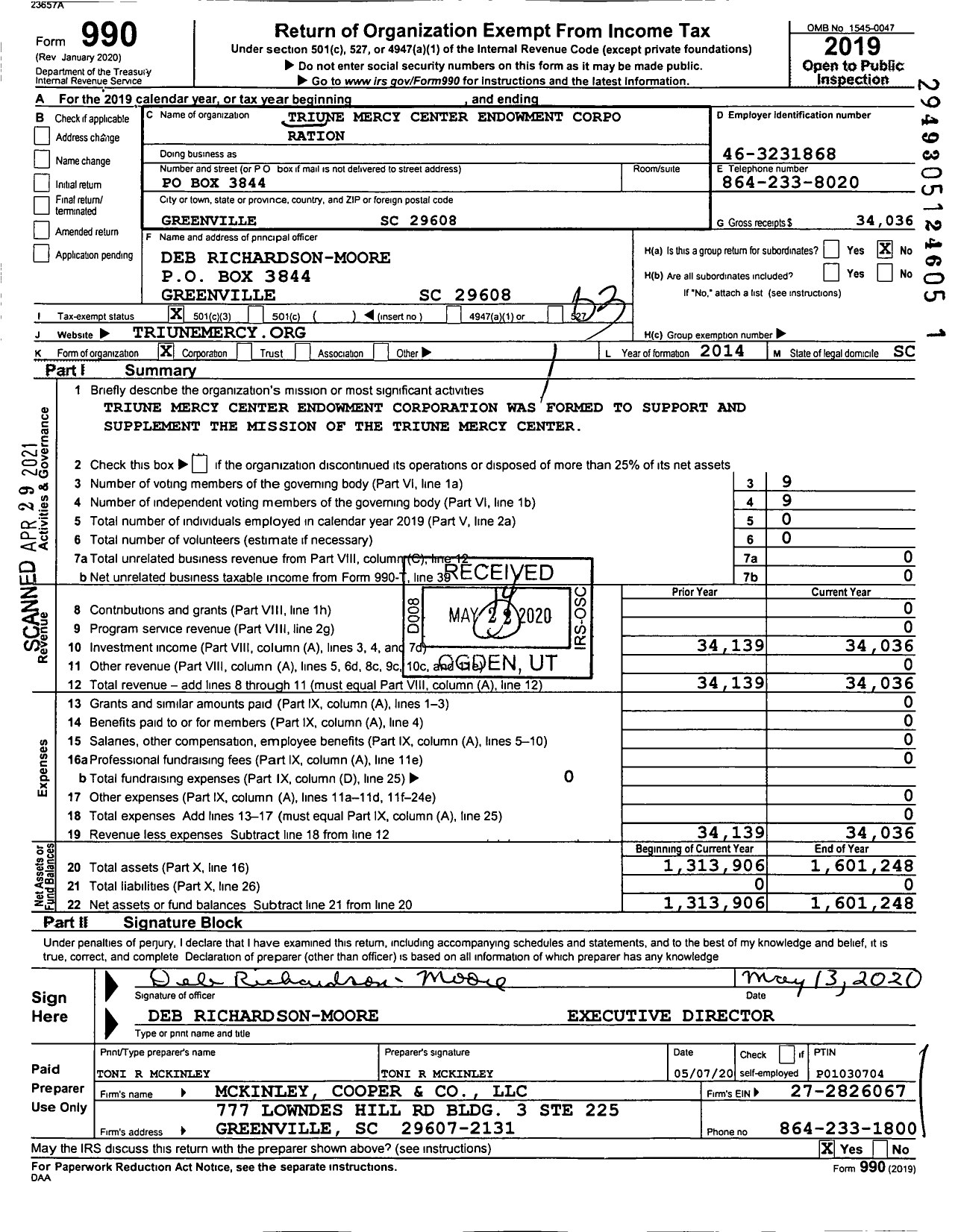 Image of first page of 2019 Form 990 for Triune Mercy Center Endowment Corpo Ration