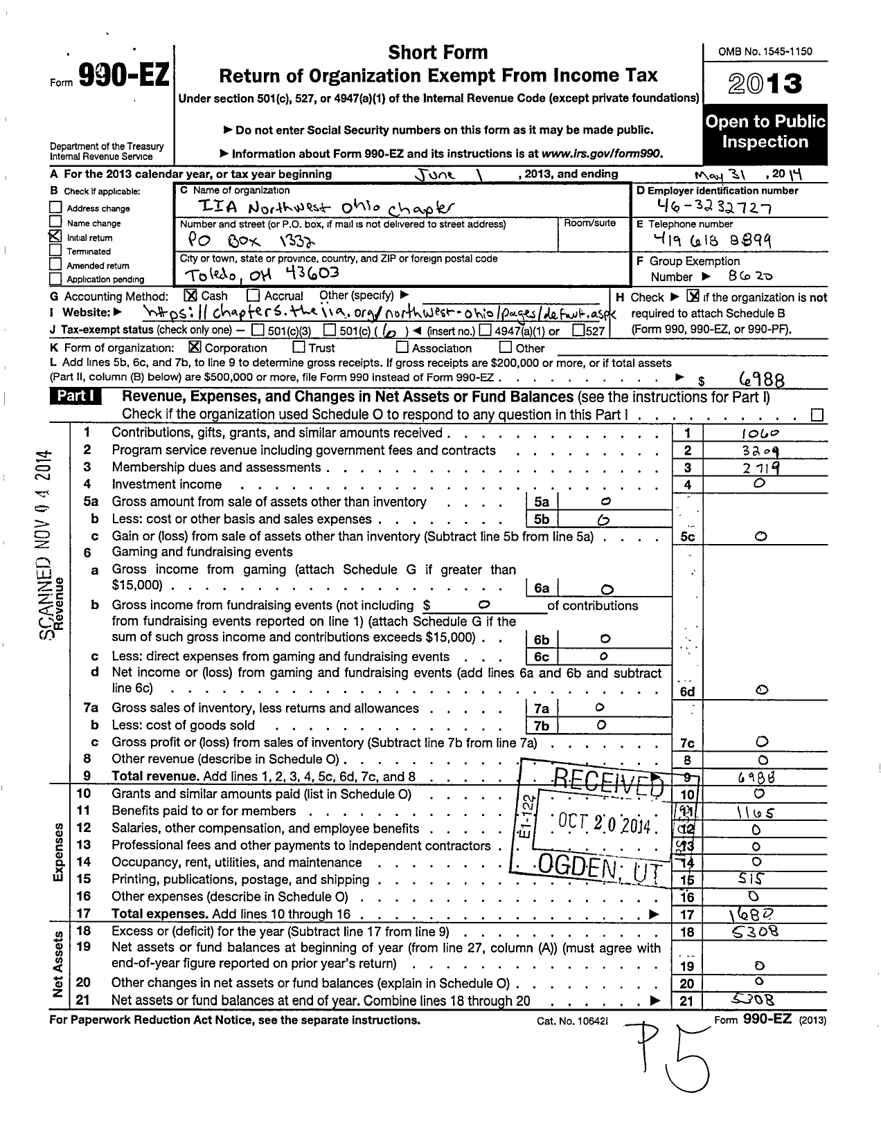 Image of first page of 2013 Form 990EO for Institute of Internal Auditors / Northwest Ohio Chapter