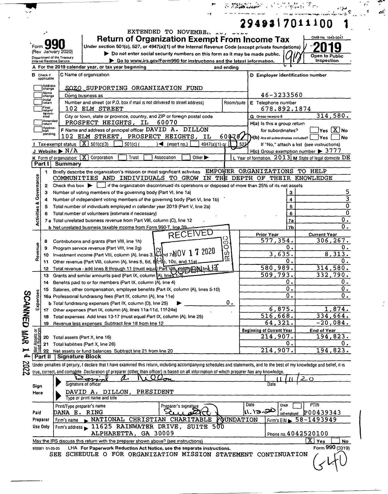 Image of first page of 2019 Form 990 for Sozo Supporting Organization Fund