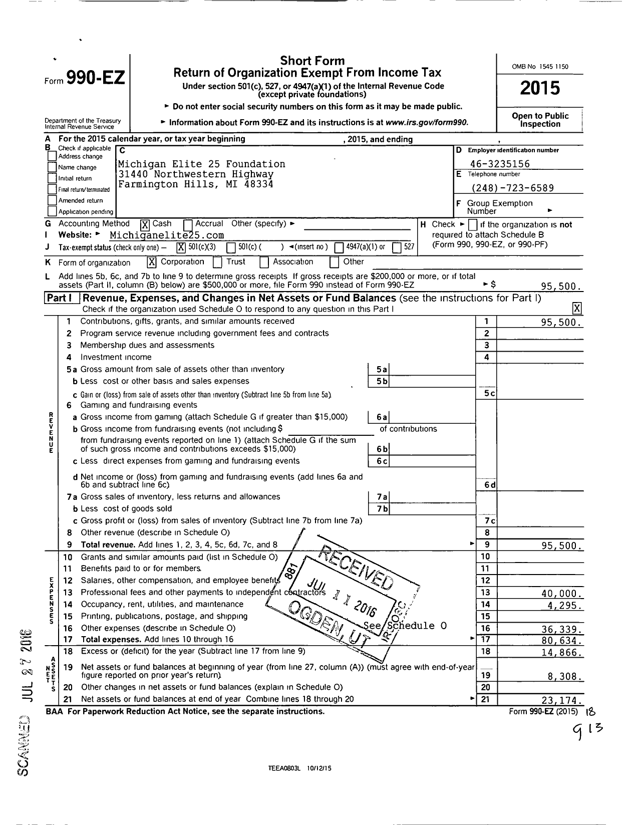 Image of first page of 2015 Form 990EZ for Michigan Elite 25 Foundation