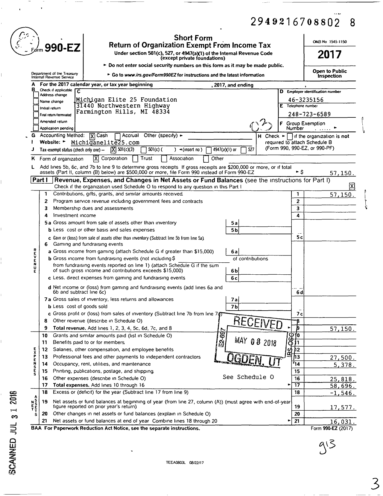 Image of first page of 2017 Form 990EZ for Michigan Elite 25 Foundation