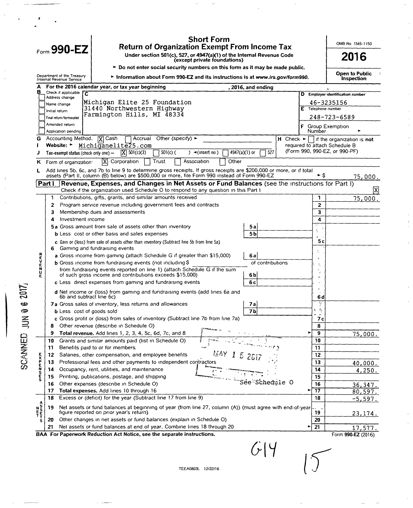 Image of first page of 2016 Form 990EZ for Michigan Elite 25 Foundation