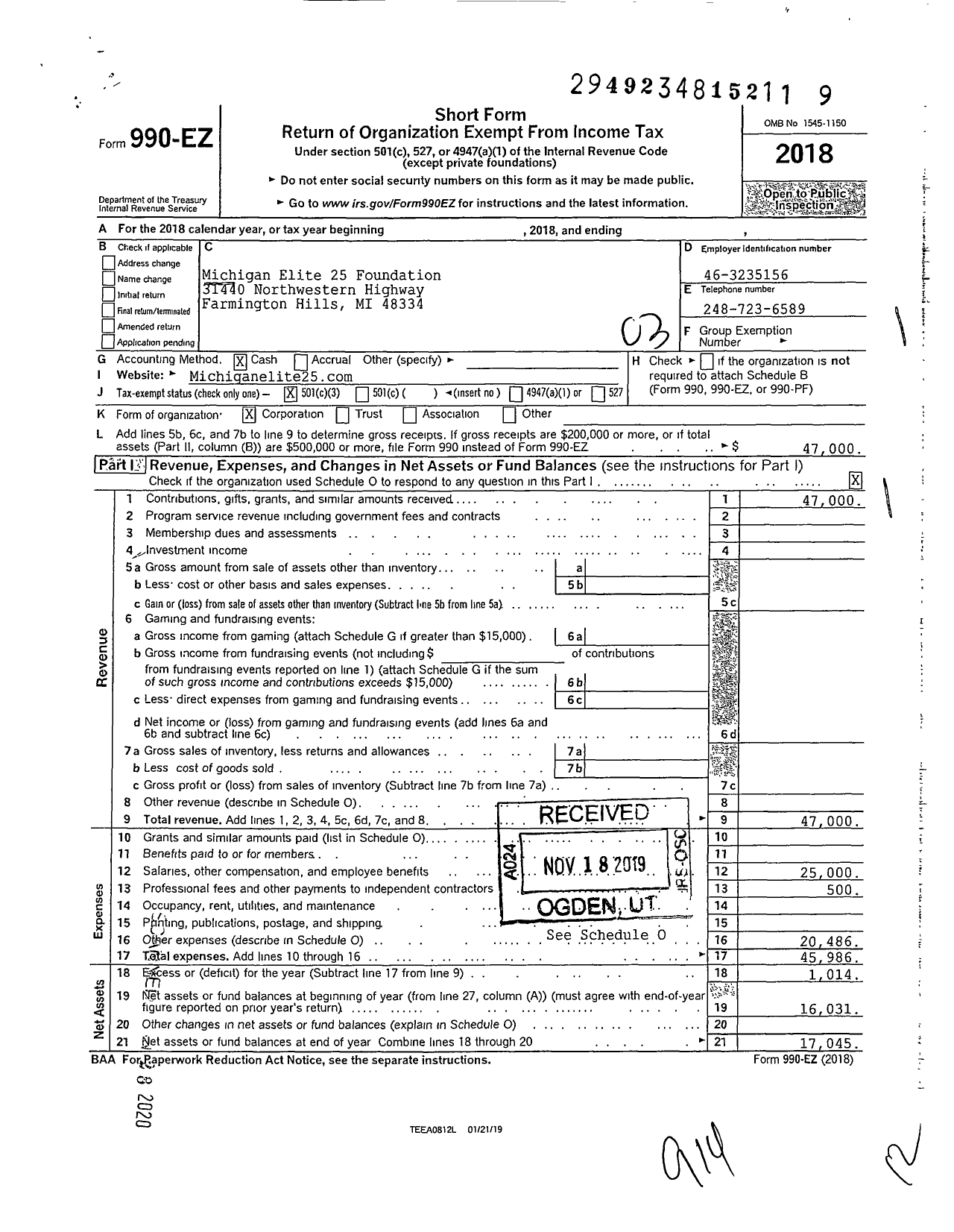 Image of first page of 2018 Form 990EZ for Michigan Elite 25 Foundation