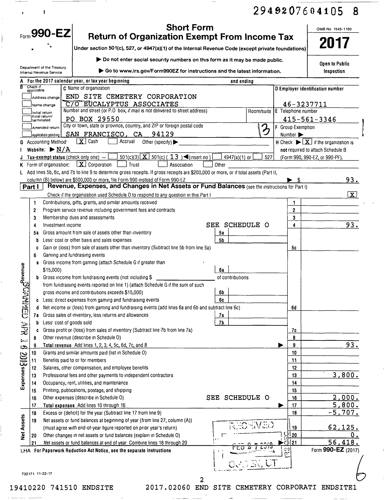 Image of first page of 2017 Form 990EO for End Site Cemetery Corporation
