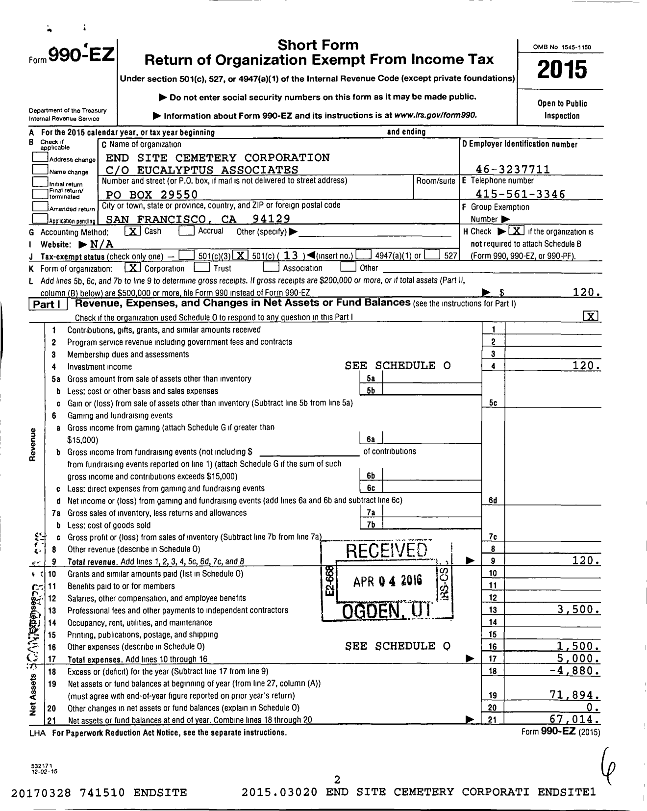Image of first page of 2015 Form 990EO for End Site Cemetery Corporation