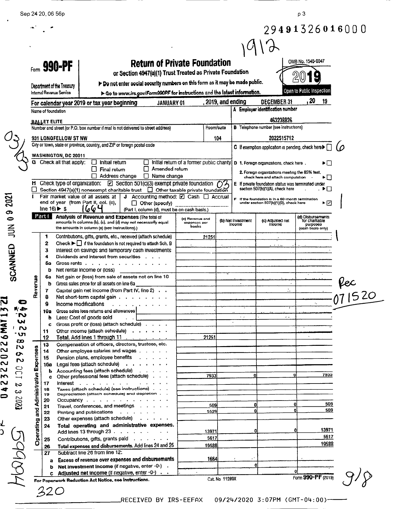 Image of first page of 2019 Form 990PF for Ballet Elite