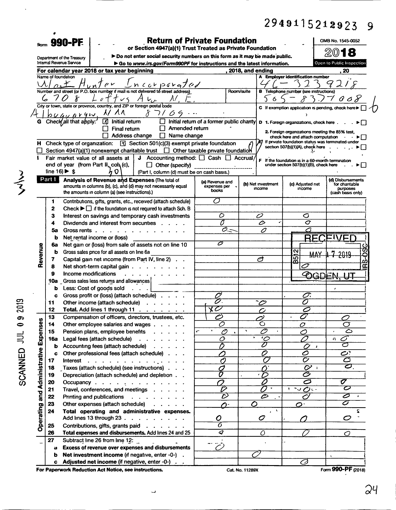 Image of first page of 2018 Form 990PF for West Hunter Incorporated