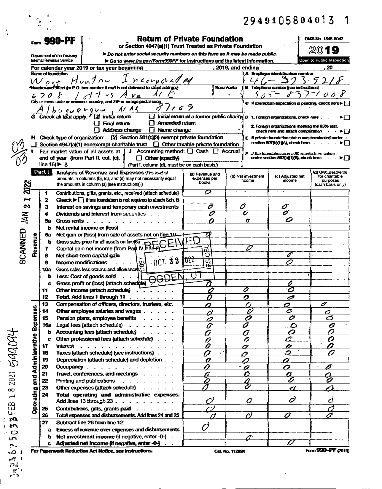Image of first page of 2019 Form 990PF for West Hunter Incorporated