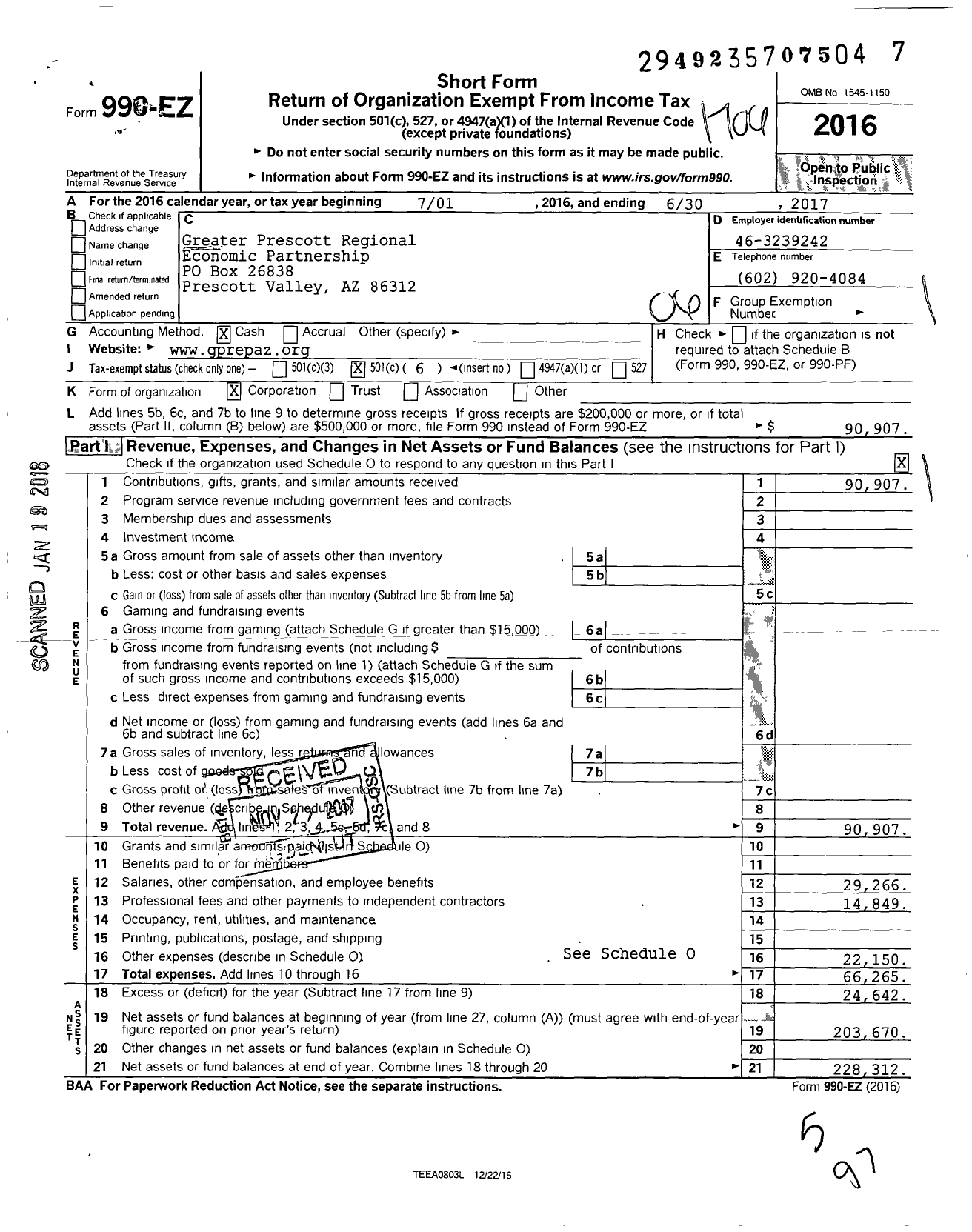 Image of first page of 2016 Form 990EO for Greater Prescott Regional Economic Partnership