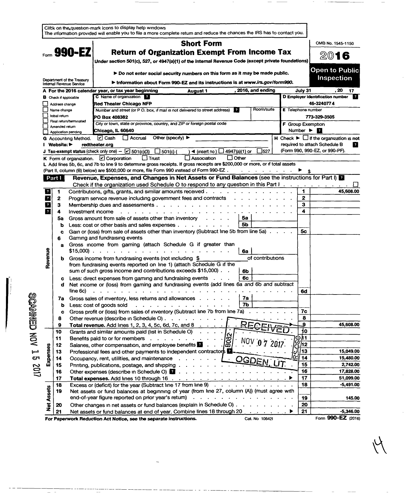 Image of first page of 2016 Form 990EZ for Red Theater Chicago NFP