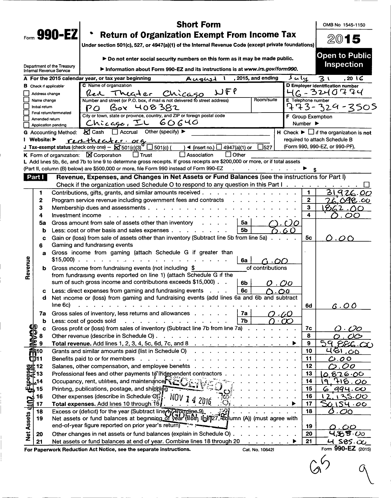 Image of first page of 2015 Form 990EZ for Red Theater Chicago NFP