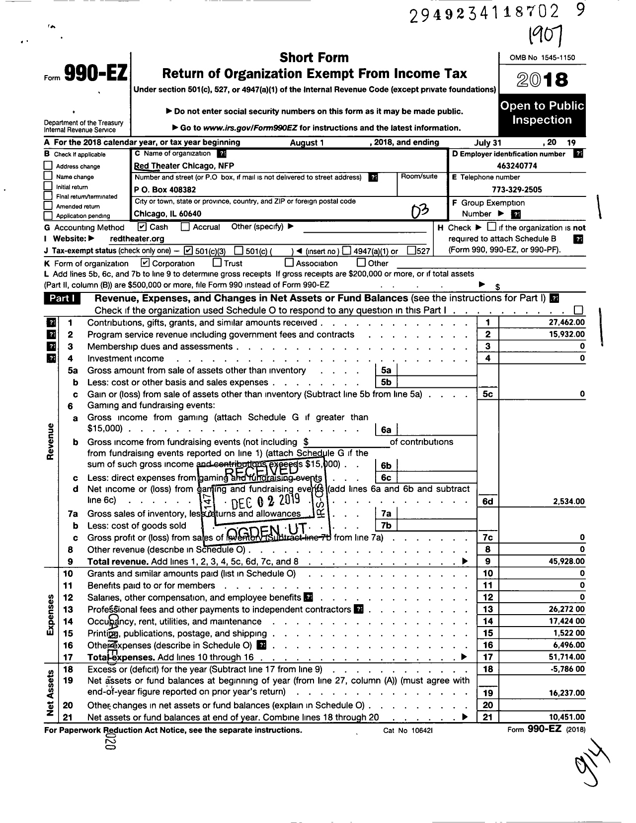 Image of first page of 2018 Form 990EZ for Red Theater Chicago NFP