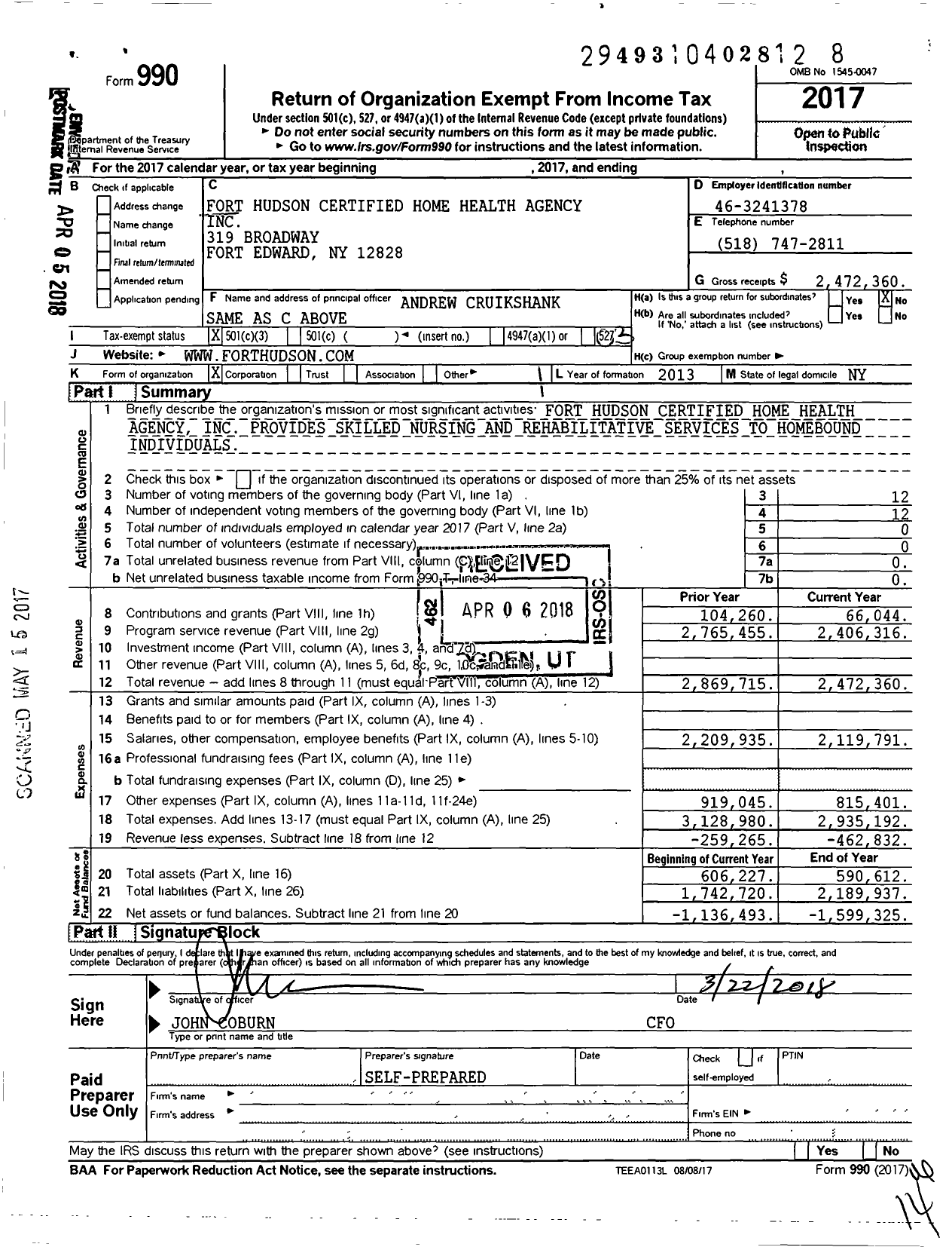 Image of first page of 2017 Form 990 for Fort Hudson Health System