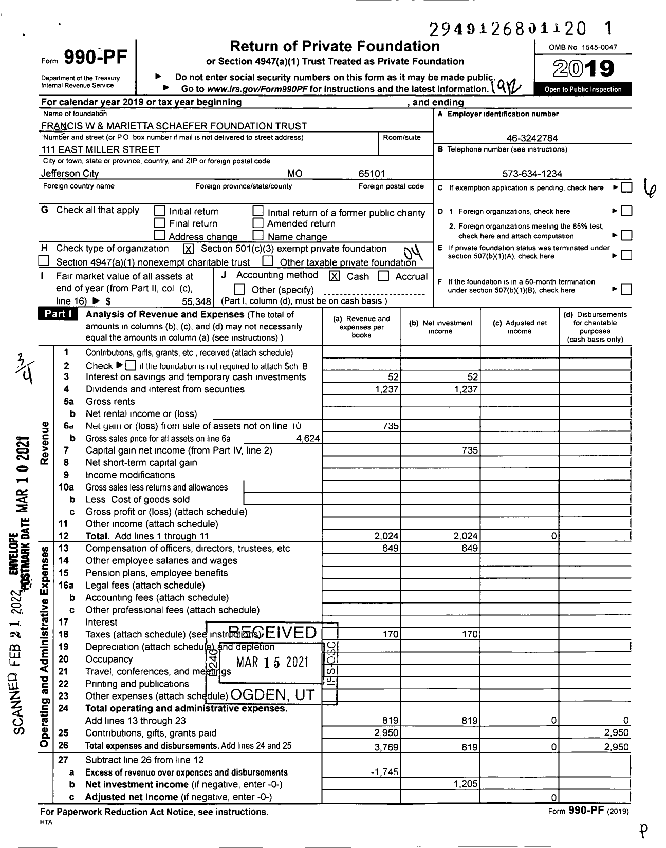 Image of first page of 2019 Form 990PF for Francis W and Marietta Schaefer Foundation Trust