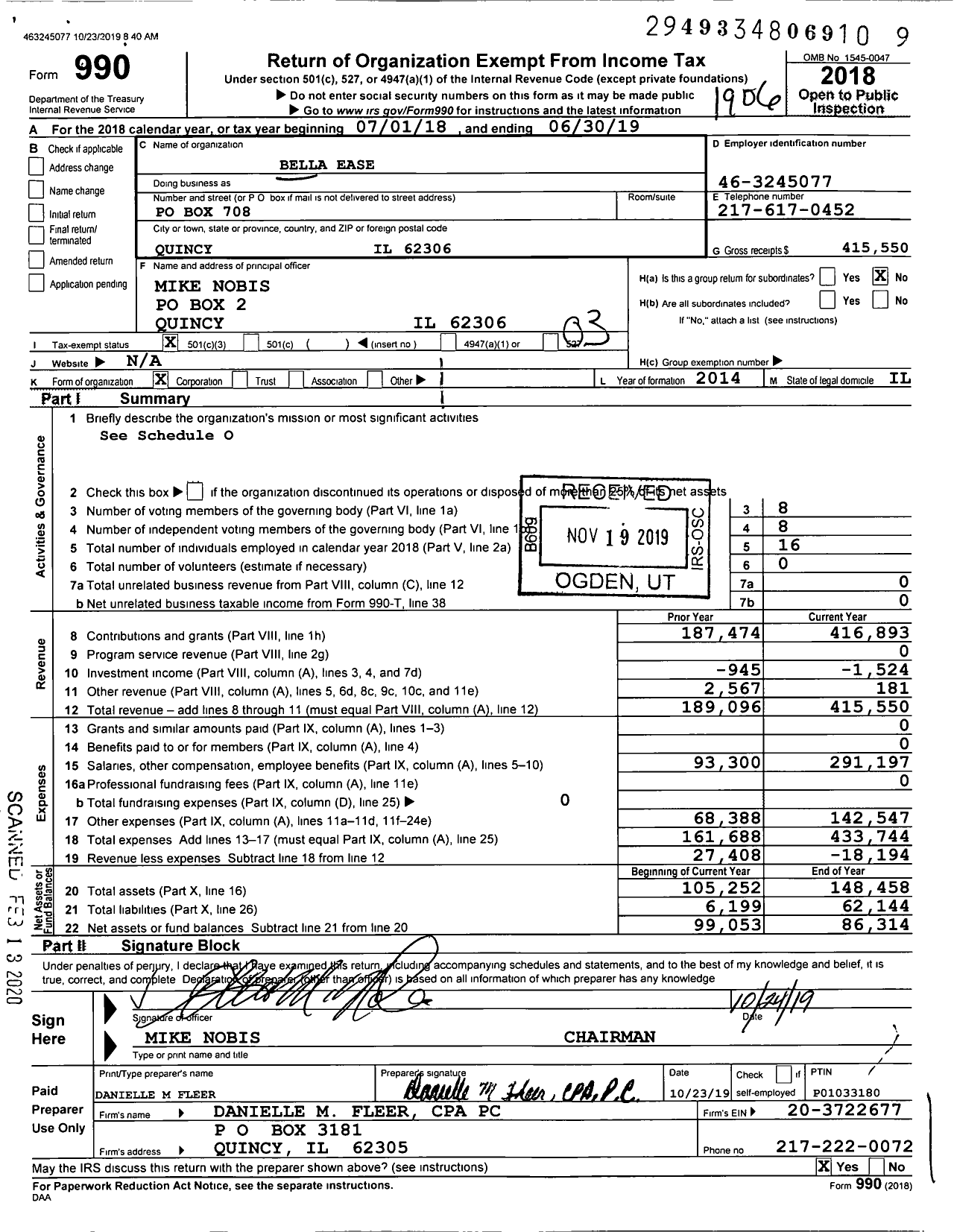 Image of first page of 2018 Form 990 for Bella Ease