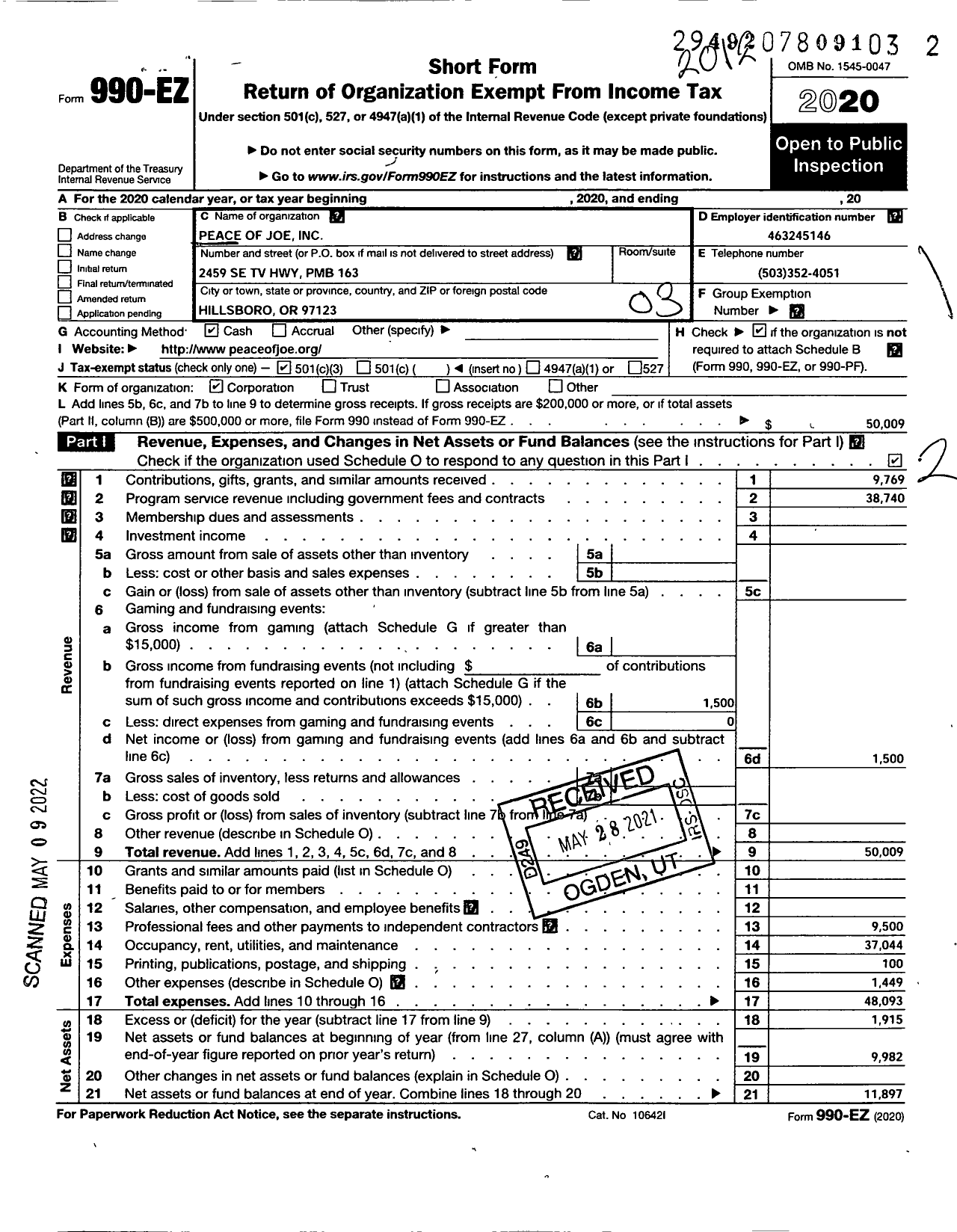 Image of first page of 2020 Form 990EZ for Peace of Joe