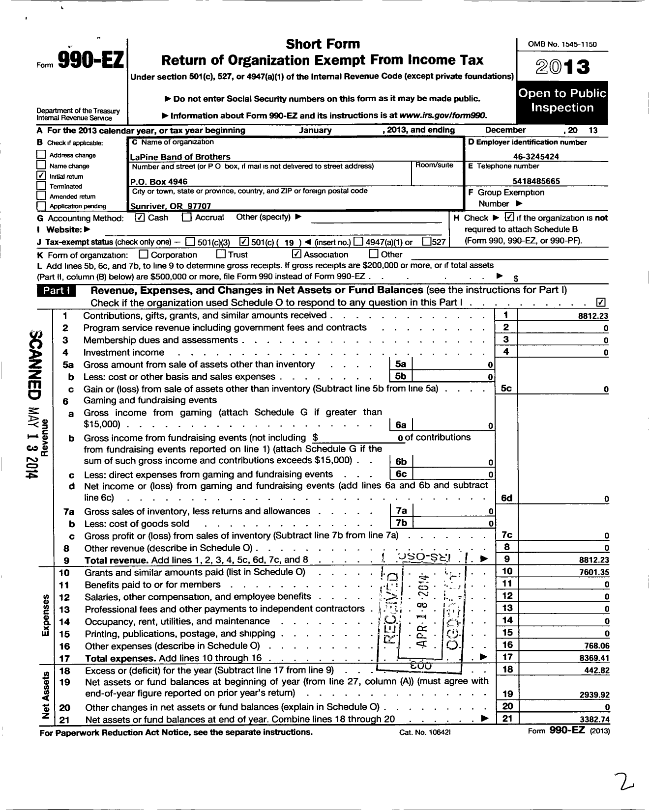 Image of first page of 2013 Form 990EO for Oregon Band of Brothers / La Pine Chapter