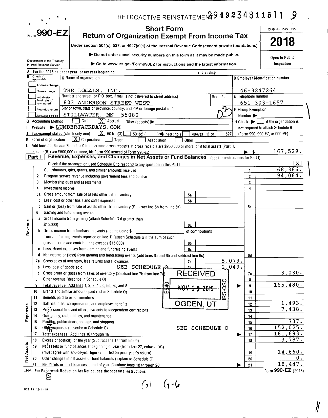 Image of first page of 2018 Form 990EZ for The Locals