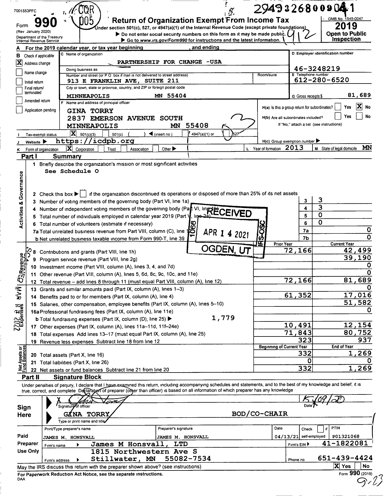 Image of first page of 2019 Form 990 for The International Center for Dialogue and Peacebuilding