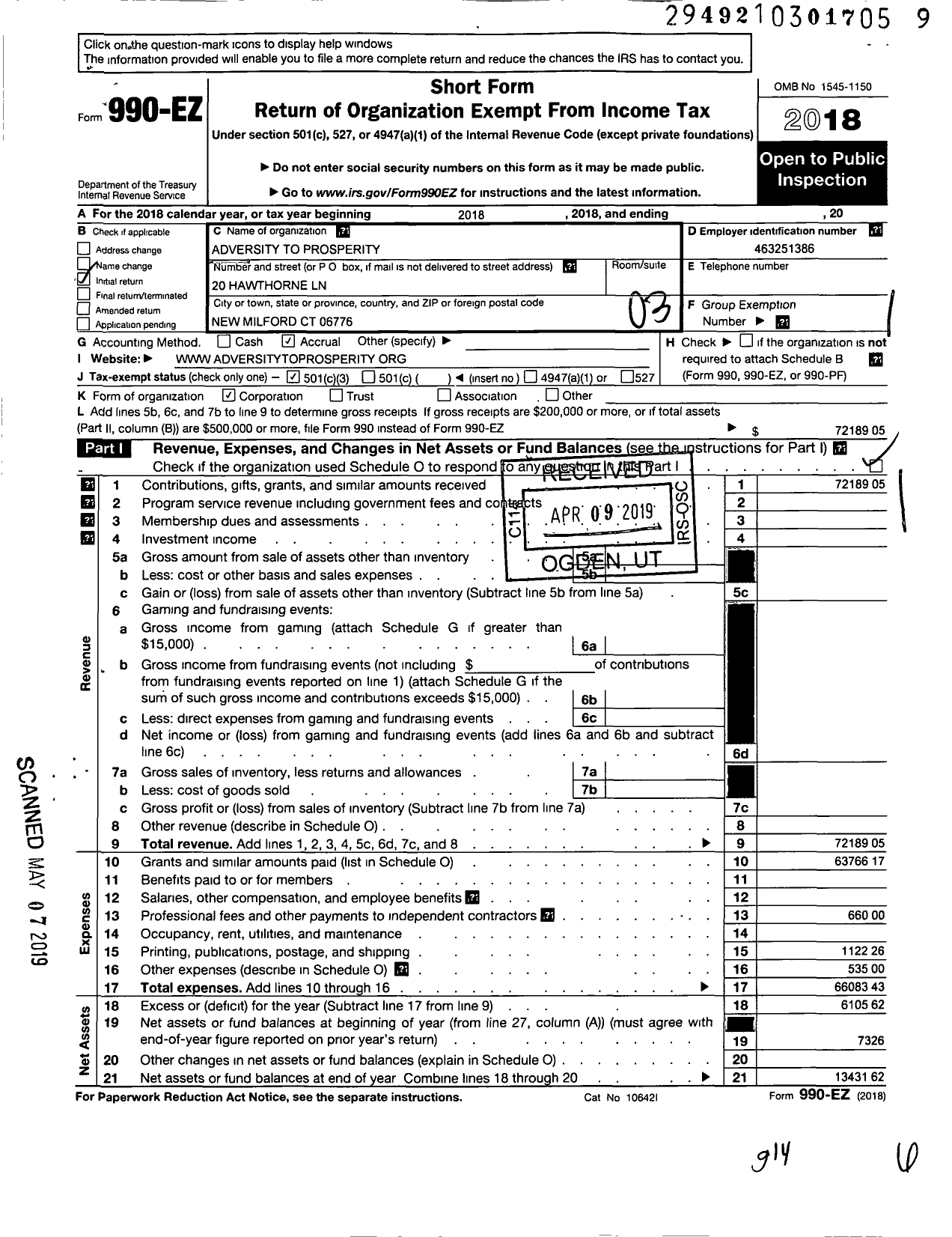 Image of first page of 2018 Form 990EZ for Adversity To Prosperity