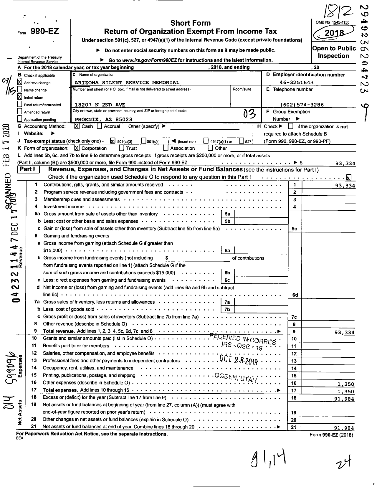 Image of first page of 2018 Form 990EZ for Arizona Silent Service Memorial Foundation