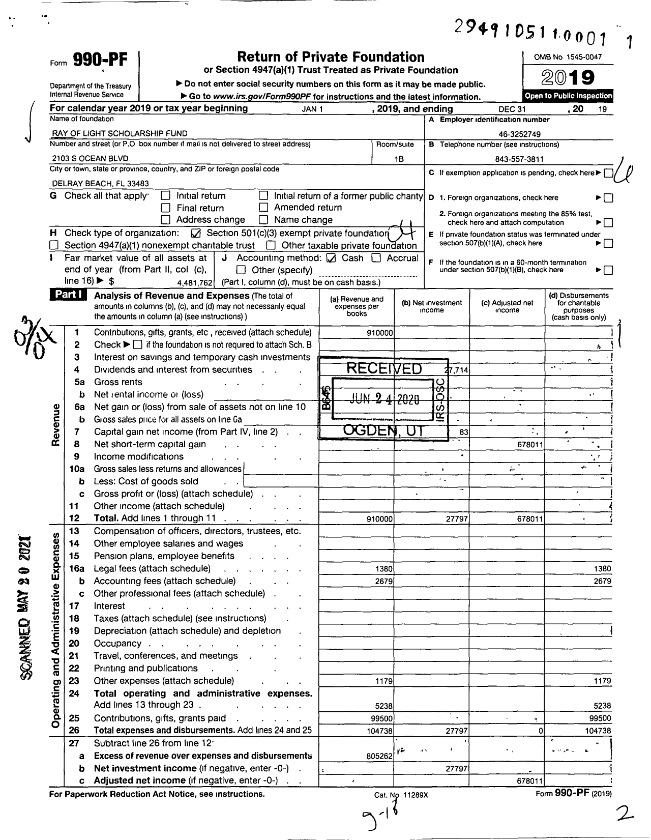 Image of first page of 2019 Form 990PF for Ray of Light Scholarship Fund