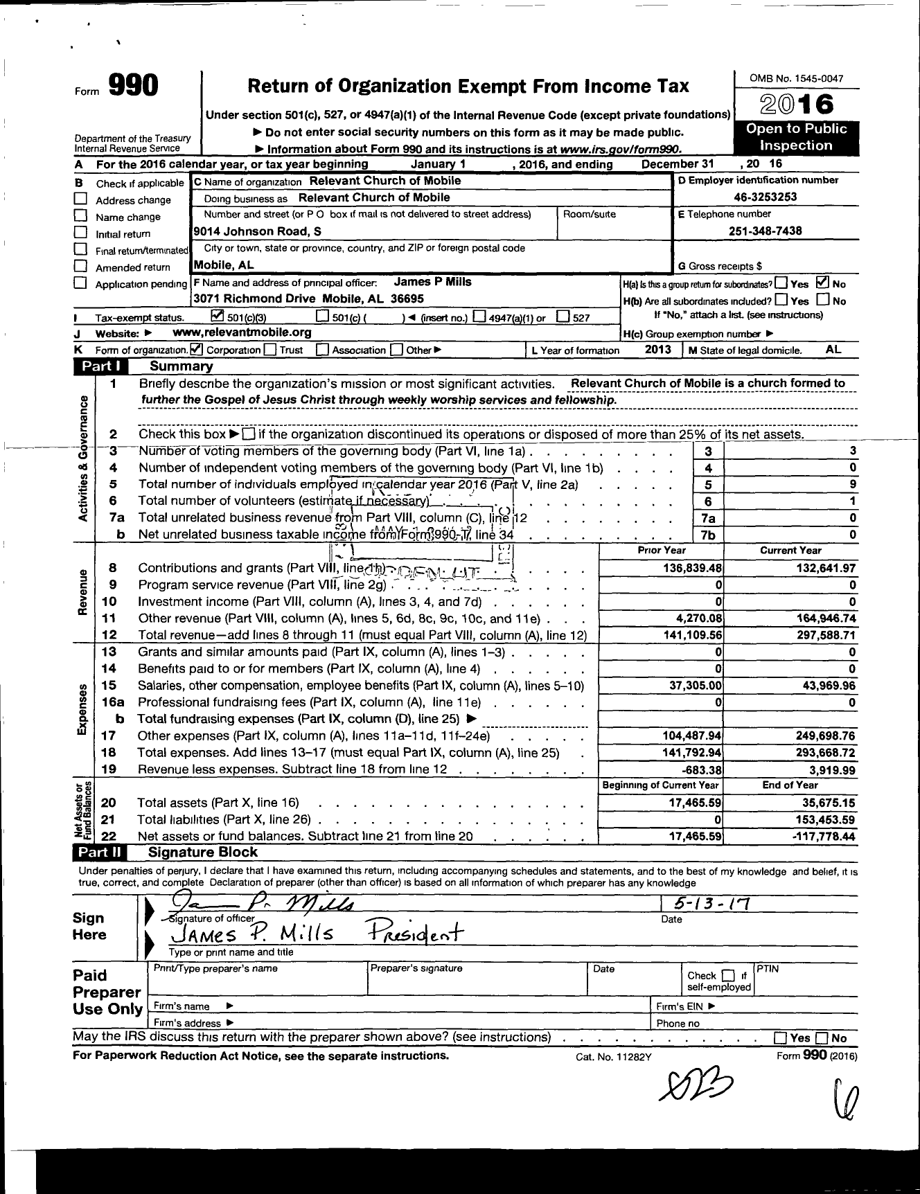 Image of first page of 2016 Form 990 for Relevant Church of Mobile