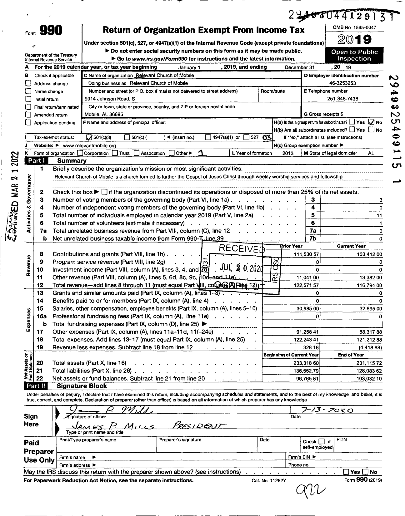 Image of first page of 2019 Form 990 for Relevant Church of Mobile