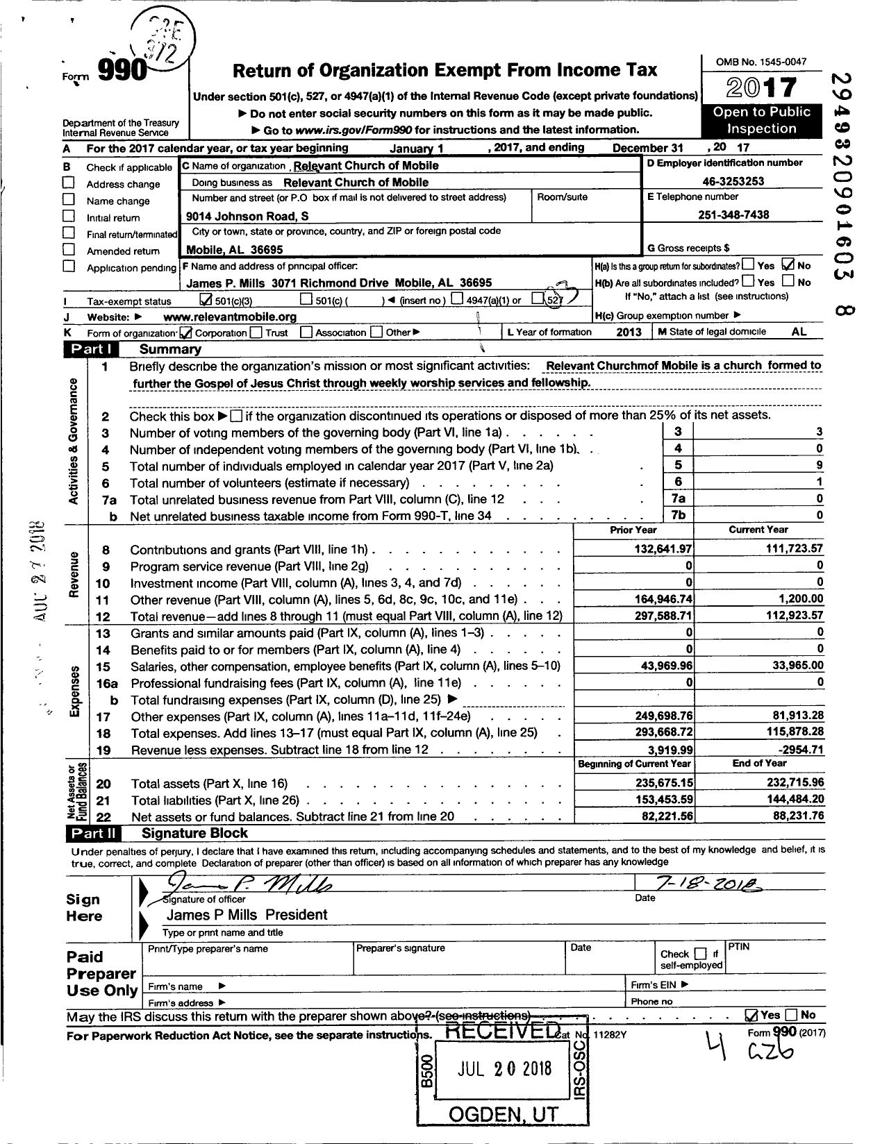 Image of first page of 2017 Form 990 for Relevant Church of Mobile