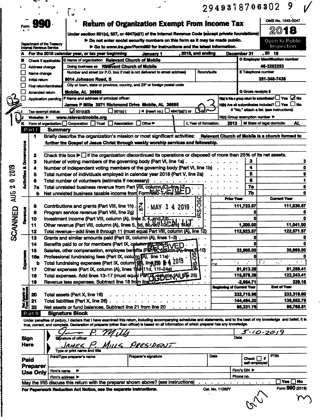 Image of first page of 2018 Form 990 for Relevant Church of Mobile