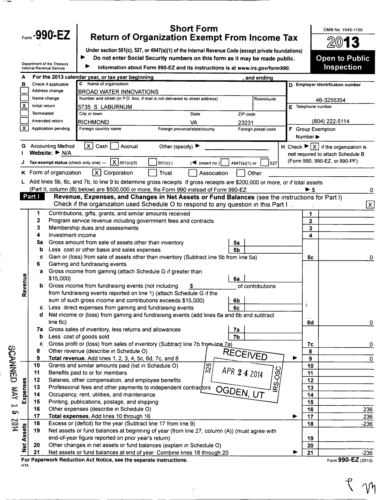 Image of first page of 2013 Form 990EZ for Broad Water Innovations