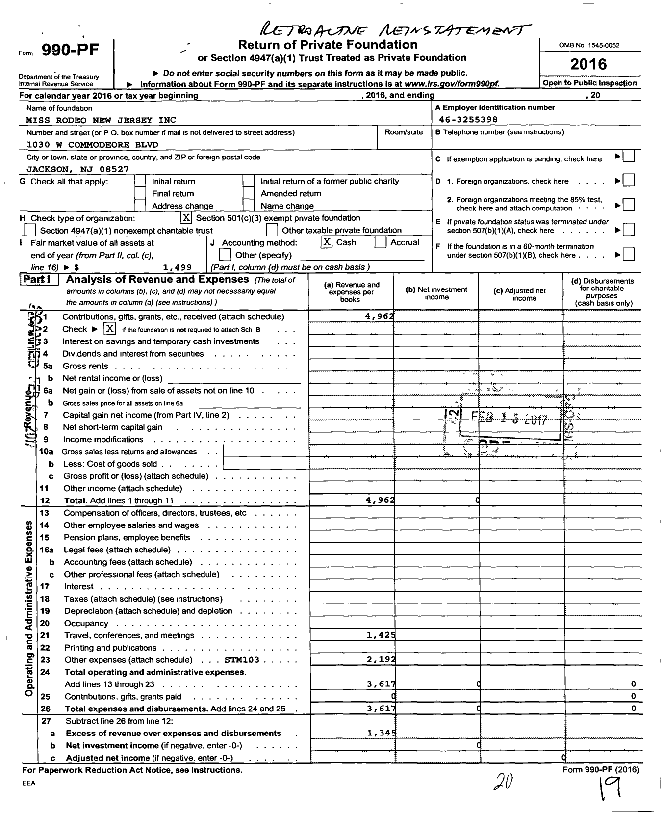 Image of first page of 2016 Form 990PF for Miss Rodeo New Jersey