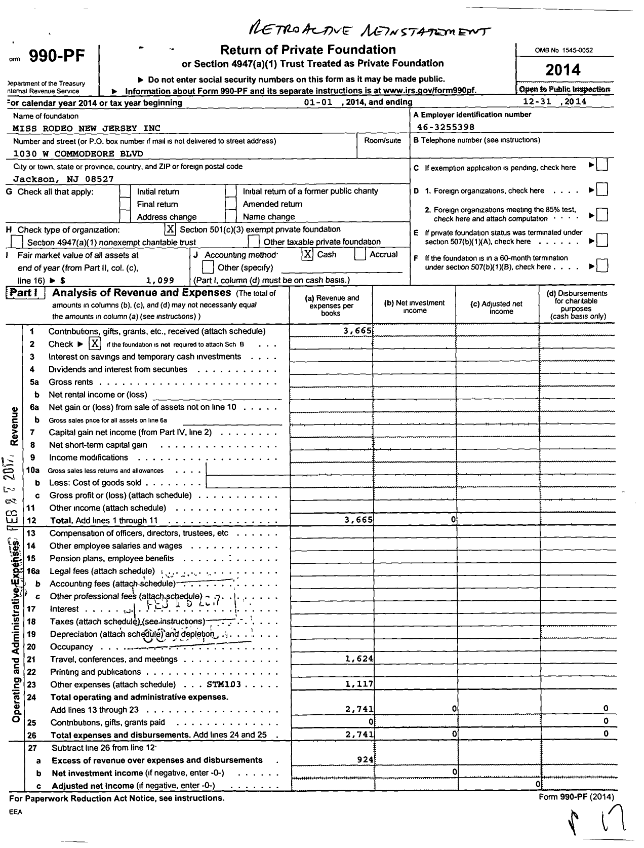 Image of first page of 2014 Form 990PF for Miss Rodeo New Jersey