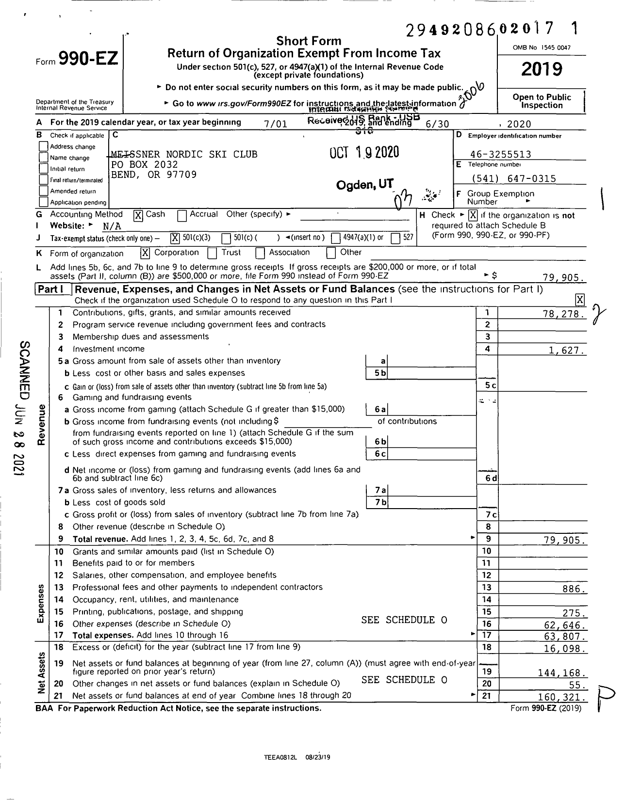 Image of first page of 2019 Form 990EZ for Meissner Nordic Ski Club