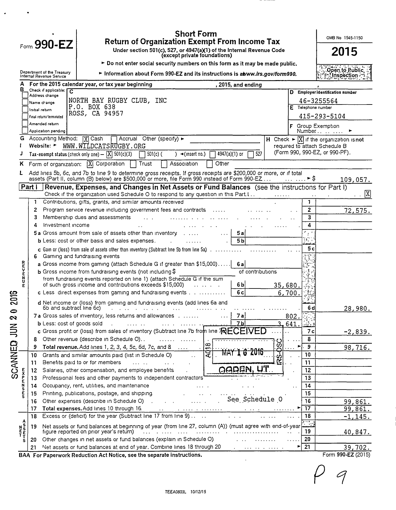 Image of first page of 2015 Form 990EZ for North Bay Rugby Club