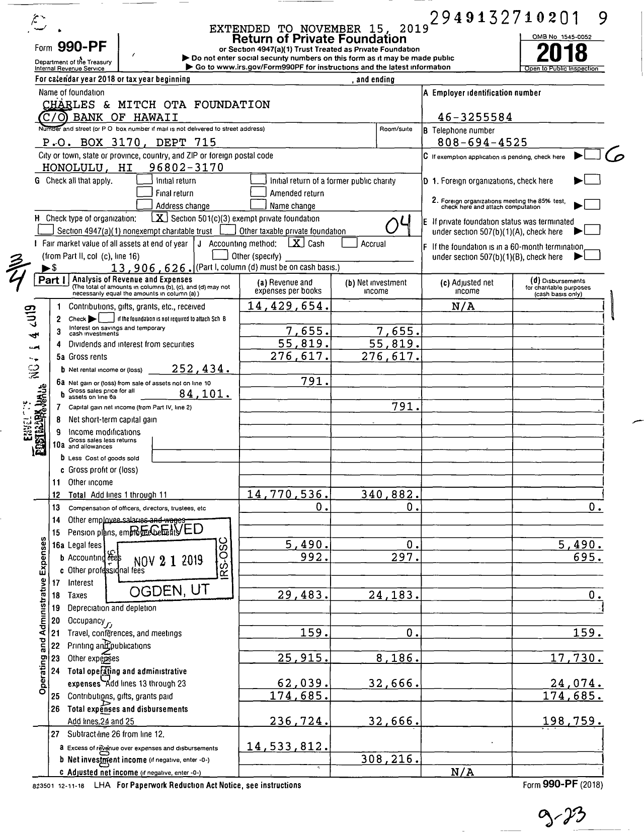 Image of first page of 2018 Form 990PF for Charles and Mitch Ota Foundation