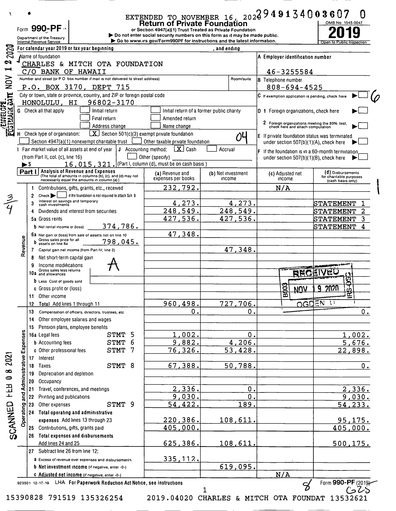 Image of first page of 2019 Form 990PF for Charles and Mitch Ota Foundation