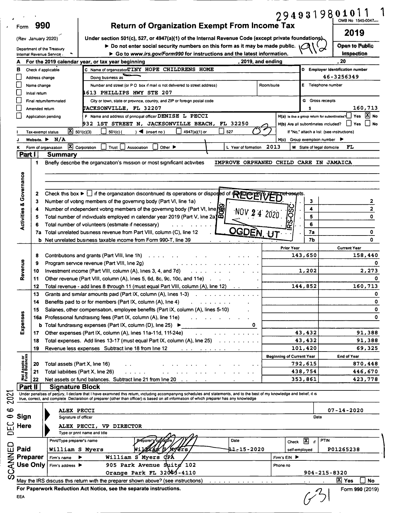 Image of first page of 2019 Form 990 for Tiny Hope Childrens Home