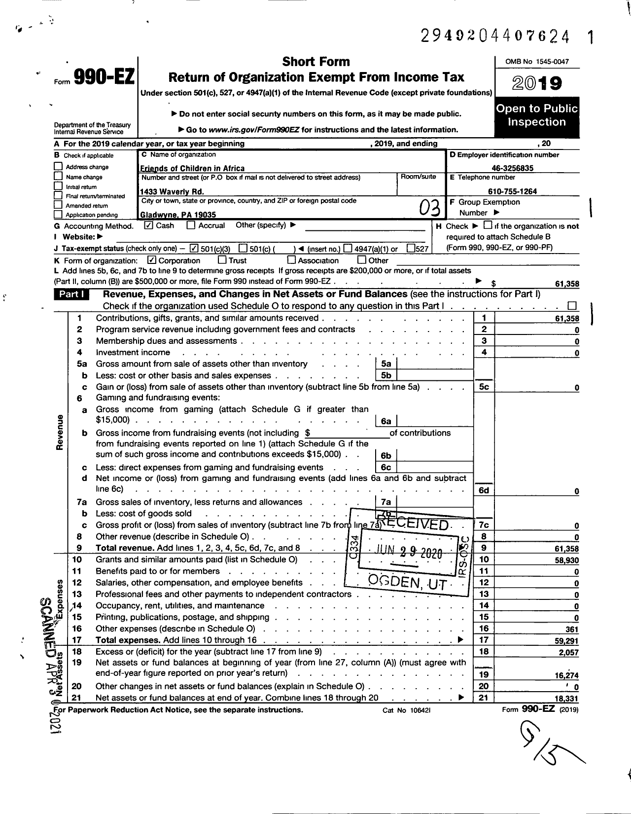 Image of first page of 2019 Form 990EZ for Friends of Children in Africa