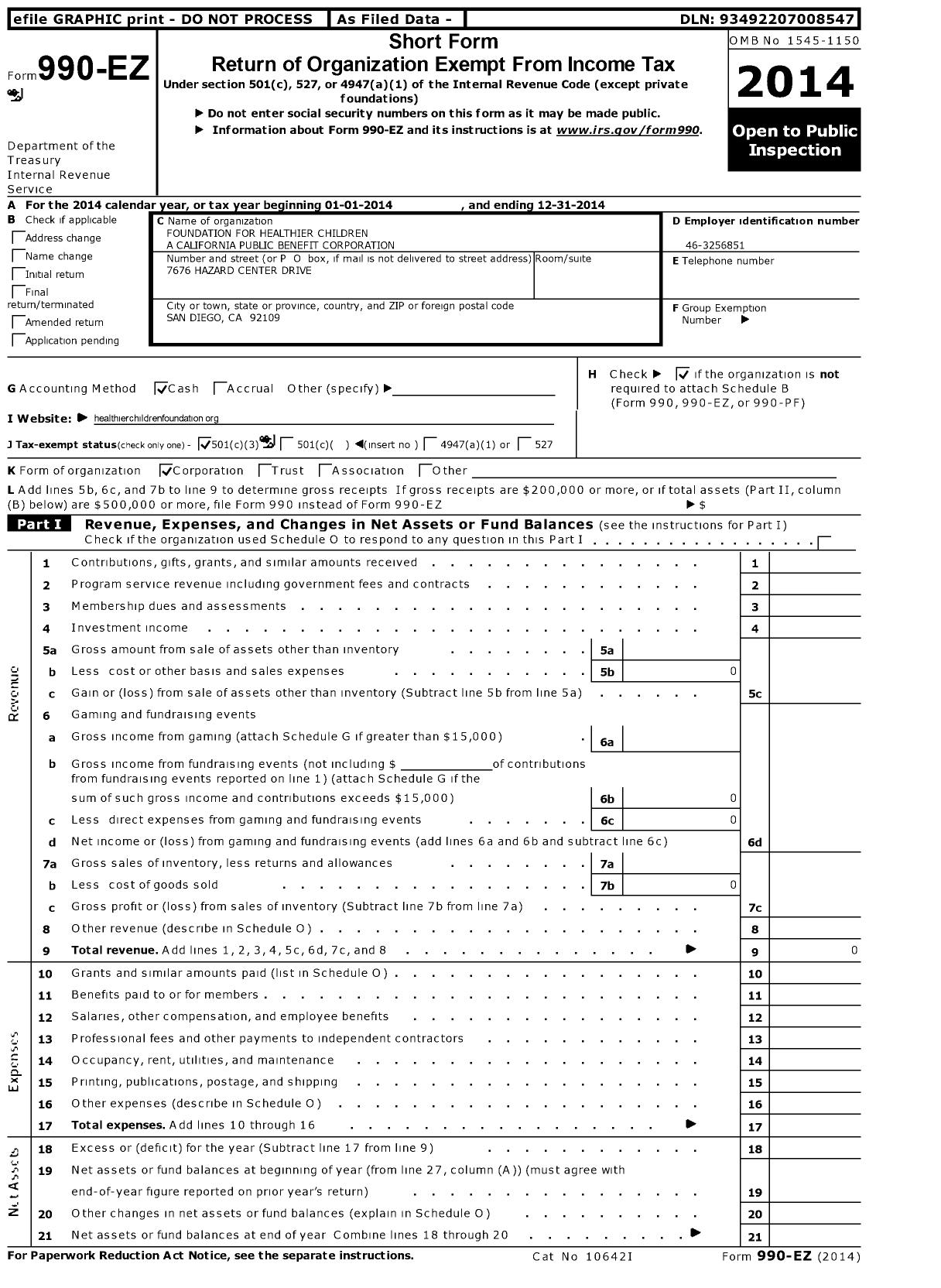 Image of first page of 2014 Form 990EZ for Foundation for Healthier Children