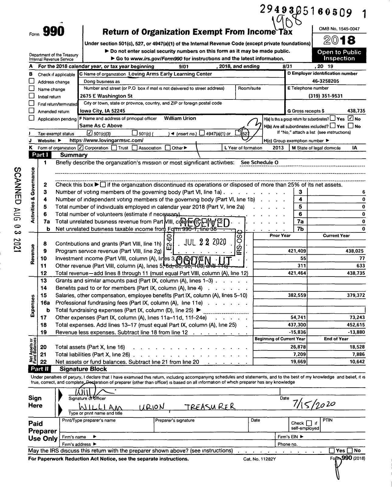 Image of first page of 2018 Form 990 for Loving Arms Early Learning Center