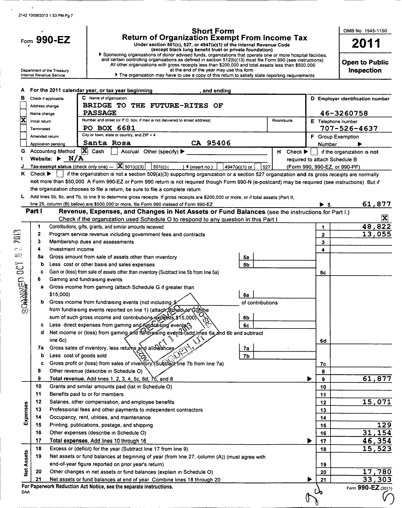 Image of first page of 2011 Form 990EZ for Bridge to the Future Rites of Passage