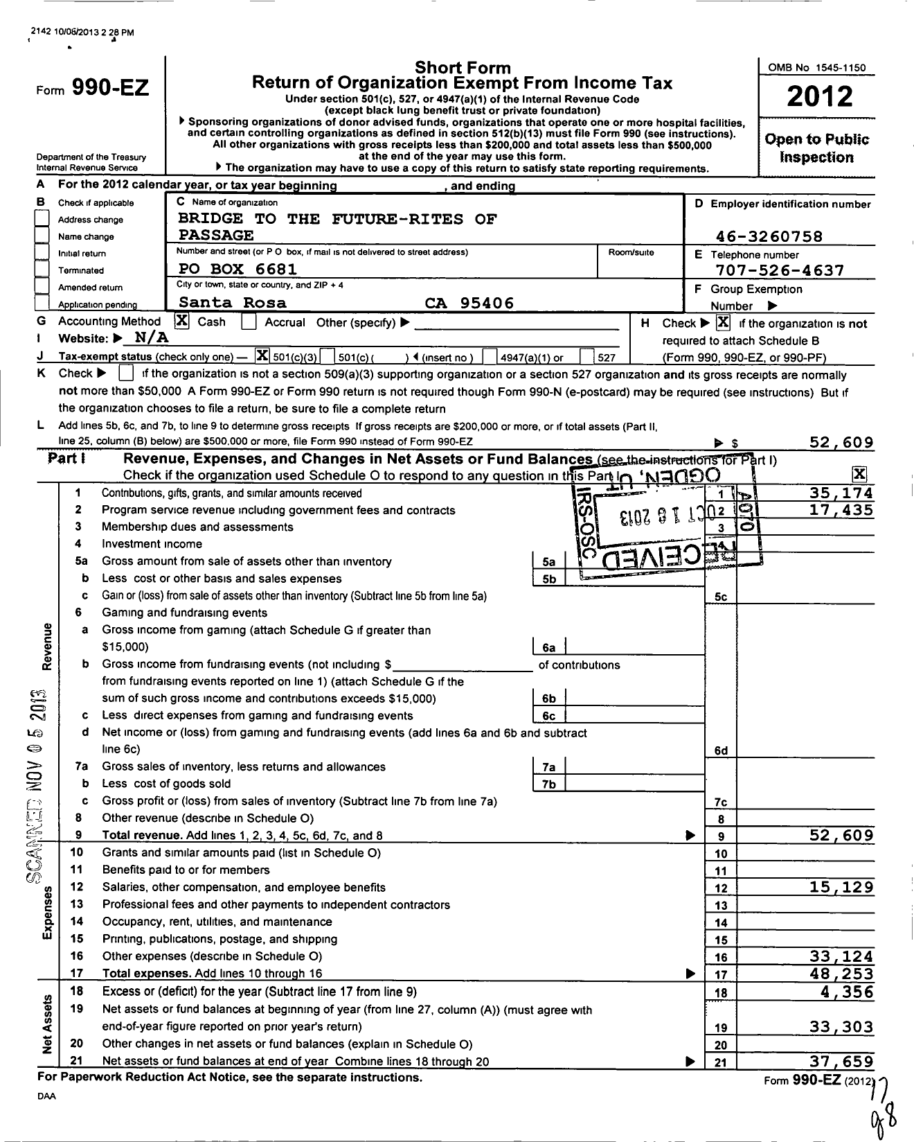 Image of first page of 2012 Form 990EZ for Bridge to the Future Rites of Passage