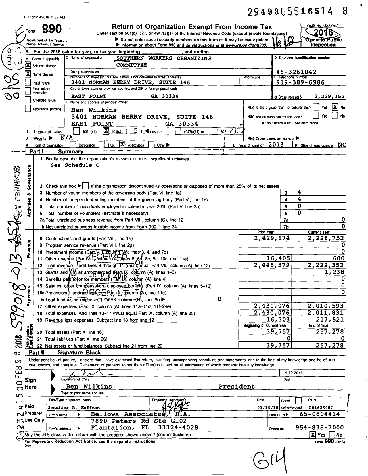 Image of first page of 2016 Form 990O for Carolina Workers Organizing Committee